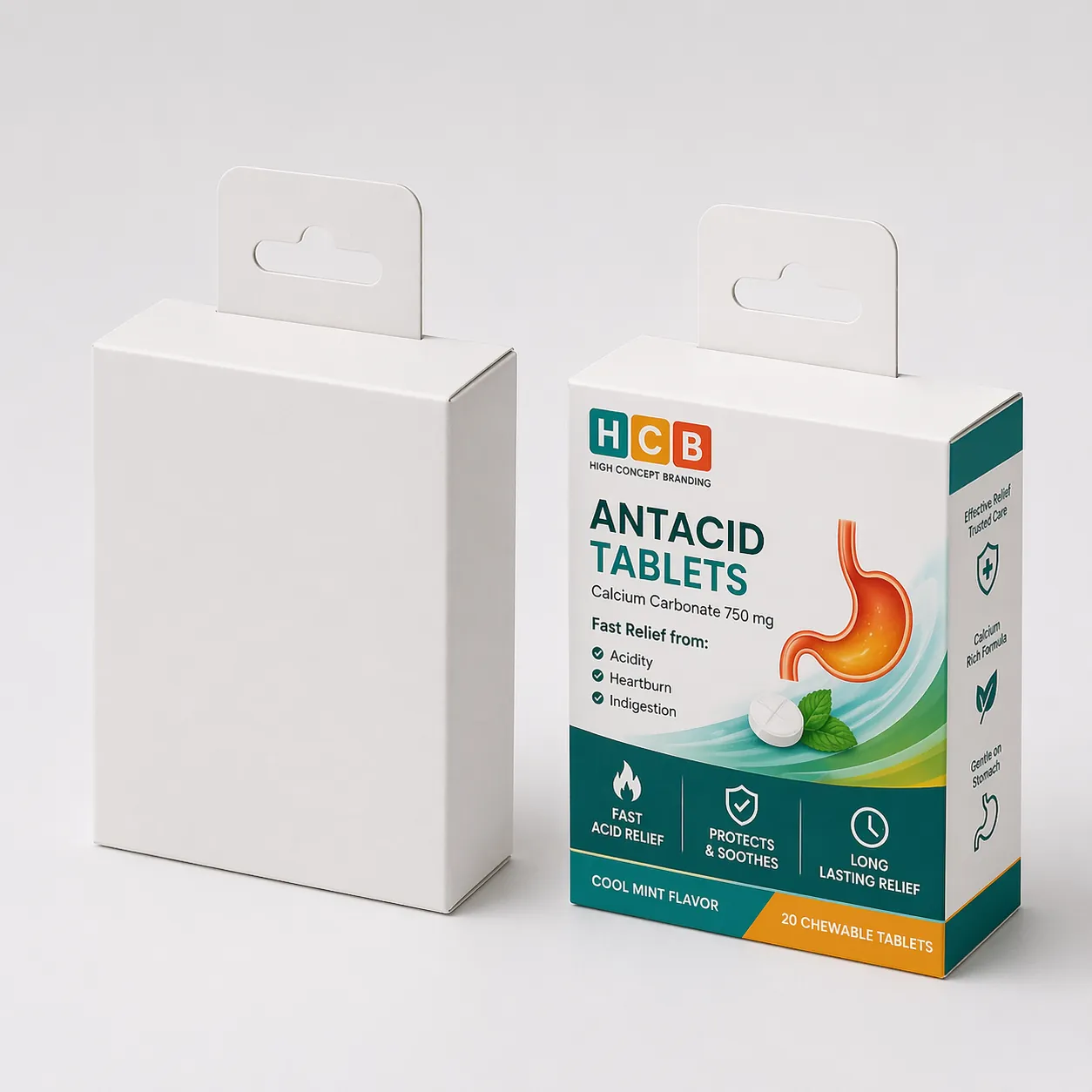 Two top-opening boxes, one blank white and one with elegant orange floral patterns and logos. class=